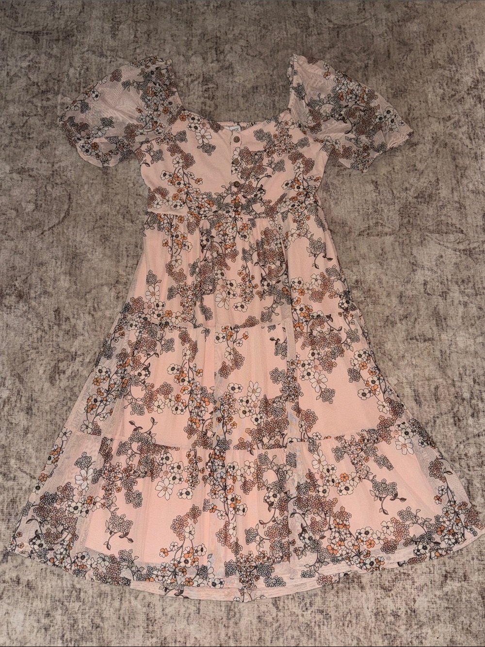 Luxology Boutique Pink Floral Puff-Sleeve Tiered Casual Dress